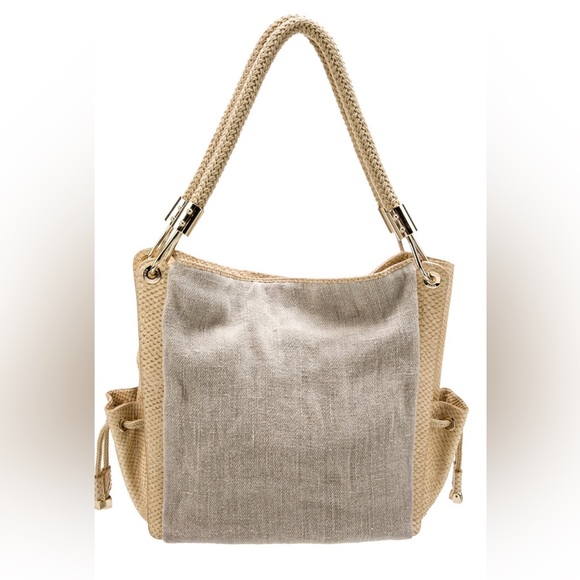 Super Rare Michael Kors Skorpios Beaded Genuine Linen Embossed Tote Bag EUC - Picture 4 of 16